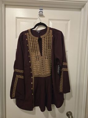 Roaman's Plum Tunic Blouse with Gold Embroidery